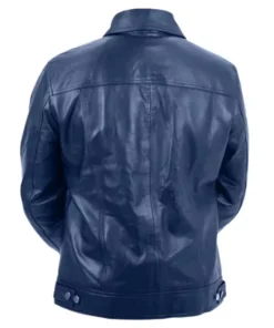 Men Blue Genuine Leather Trucker Jacket