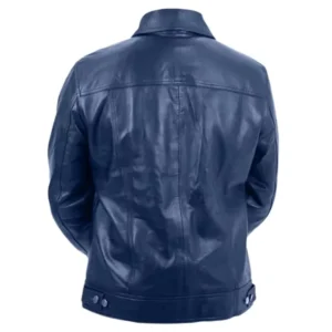 Men Blue Genuine Leather Trucker Jacket