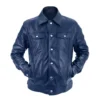 Mens Blue Genuine Leather Trucker Jacket