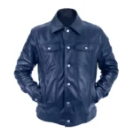 Mens Blue Leather Trucker Jacket