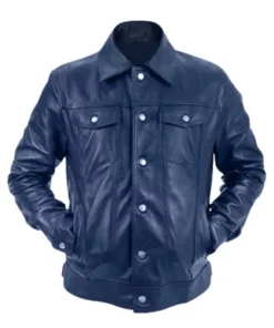 Mens Blue Genuine Leather Trucker Jacket