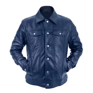 Mens Blue Genuine Leather Trucker Jacket