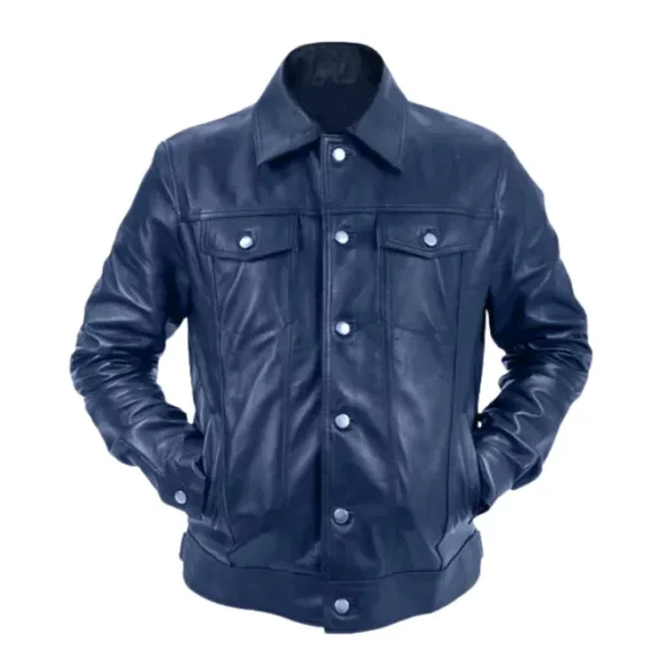 Mens Blue Genuine Leather Trucker Jacket