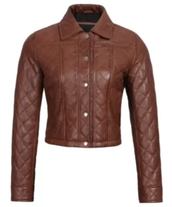 Women Brown Quilted Cropped Leather Jacket