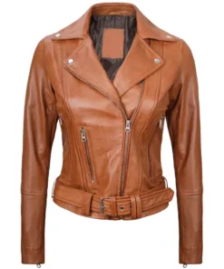 Women Light Brown Leather Biker Jacket