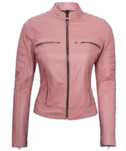 Women Pink Cafe Racer Leather Jacket