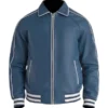 Men Blue Leather Varsity Jacket