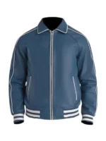 Men Blue Leather Varsity Jacket