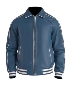 Men Blue Leather Varsity Jacket