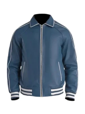 Men Blue Leather Varsity Jacket
