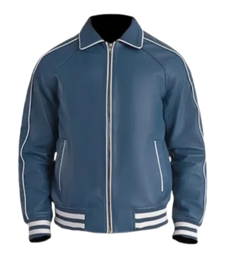 Men Blue Leather Varsity Jacket