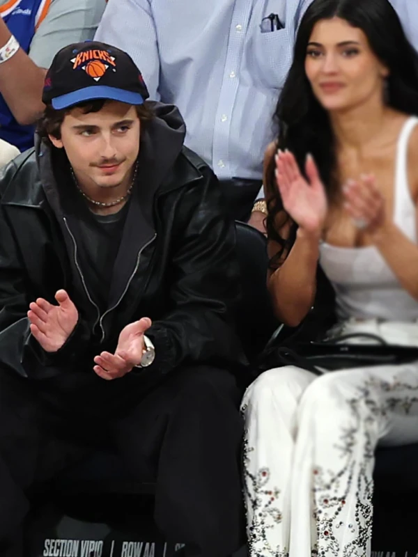 Knicks Playoff Courtside Date Timoth e Chalamet Black Jacket First