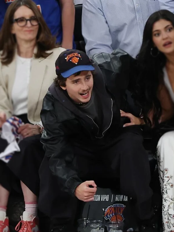 Knicks Playoff Courtside Date Timoth e Chalamet Black Jacket Third