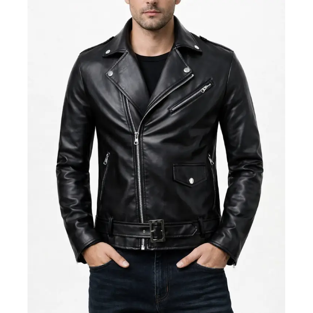 Black Biker Buston Shining Leather Jacket For Mens