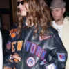 NBA Knicks vs Lakers Game Hailey Bieber New York Knicks Black Leather Jacket