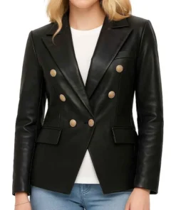 Womens Double Breasted Leather Black Blazer