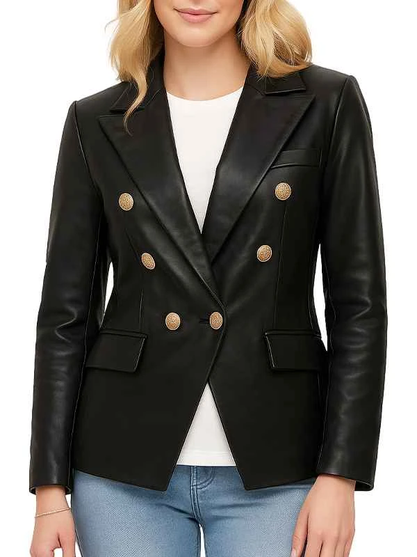 Womens Double Breasted Leather Black Blazer